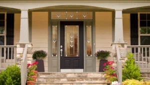 Black front door with decorative glass panels and sidelights on a covered porch with stone steps and potted flowers.