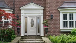 White front door with oval decorative glass set in a red brick exterior, framed by columns, lanterns, and manicured landscaping.