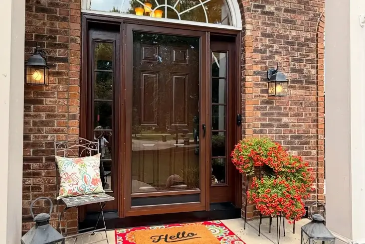 Dark wood front door with sidelights set in a brick exterior, decorated with lanterns, a welcome mat, and potted flowers.